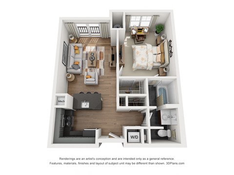 Floor plan for 1 bed, 1 bath, 685 sqft